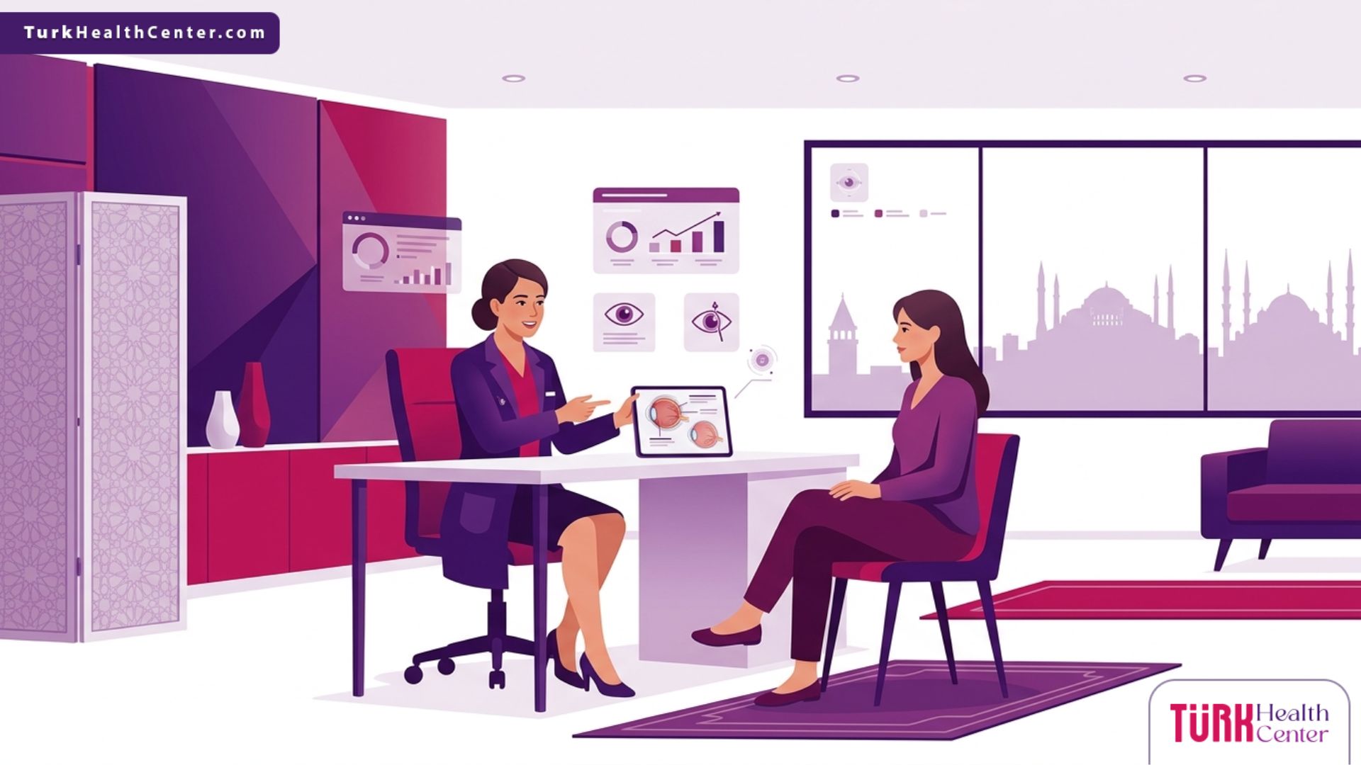 رسم توضيحي حديث لطبيب يشرح خطوات العلاج لمريض في عيادة تجميل عيون في تركيا 