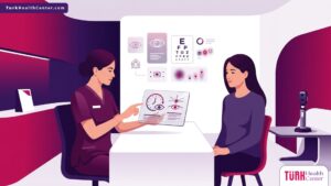 رسم توضيحي يظهر طبيب يشرح الإجراءات الطبية لمريض داخل عيادة عيون 24 ساعة في تركيا بألوان متناسقة 