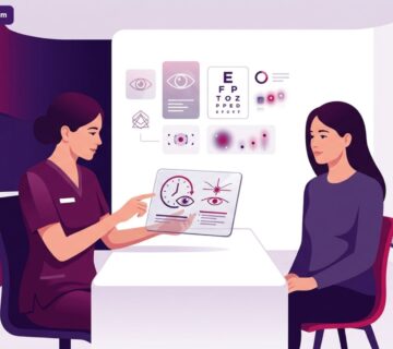 رسم توضيحي يظهر طبيب يشرح الإجراءات الطبية لمريض داخل عيادة عيون 24 ساعة في تركيا بألوان متناسقة 