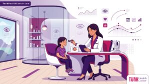 رسم توضيحي لبيئة أفضل عيادة عيون أطفال في تركيا الحديثة مع طبيب وطفل