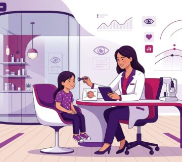 رسم توضيحي لبيئة أفضل عيادة عيون أطفال في تركيا الحديثة مع طبيب وطفل