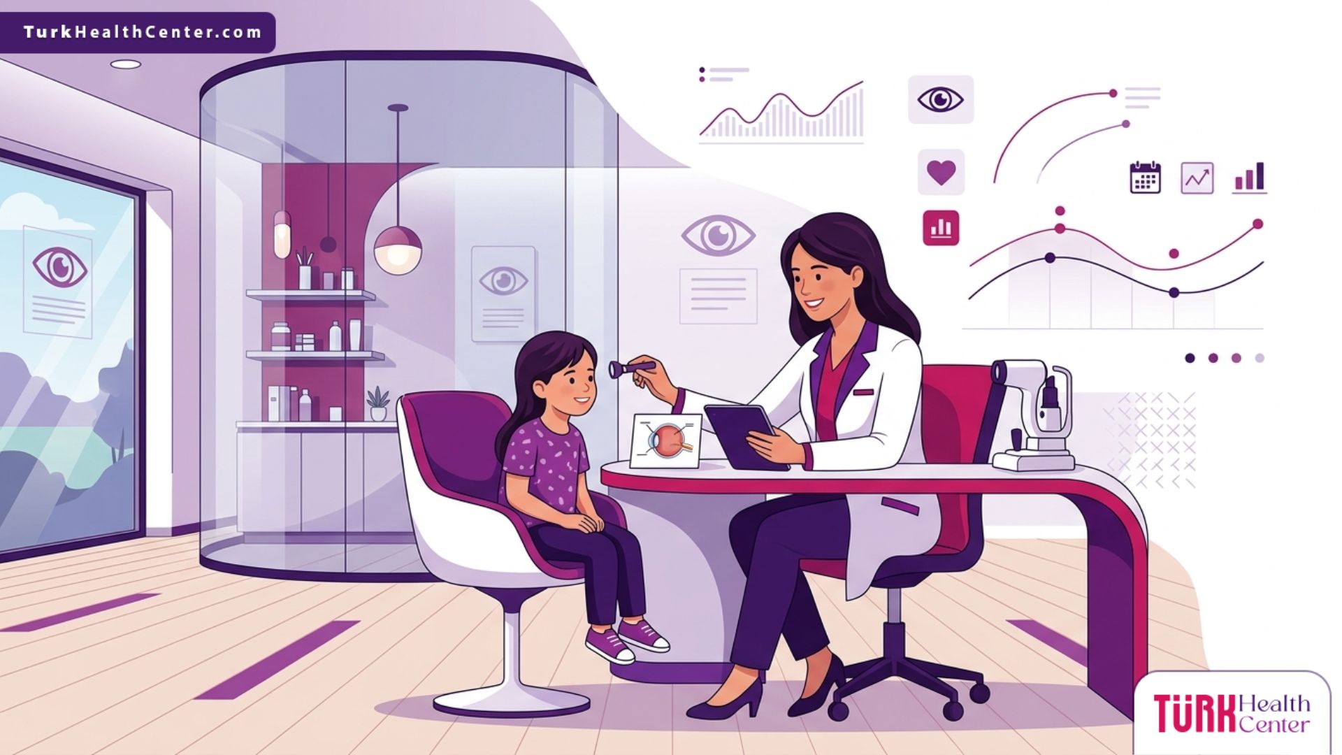 رسم توضيحي لبيئة أفضل عيادة عيون أطفال في تركيا الحديثة مع طبيب وطفل