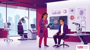 رسم توضيحي متقدم لطبيب يشرح خدمات عيادة عيون تفتح الآن في تركيا للمريض في بيئة طبية فاخرة 