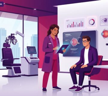 رسم توضيحي متقدم لطبيب يشرح خدمات عيادة عيون تفتح الآن في تركيا للمريض في بيئة طبية فاخرة 