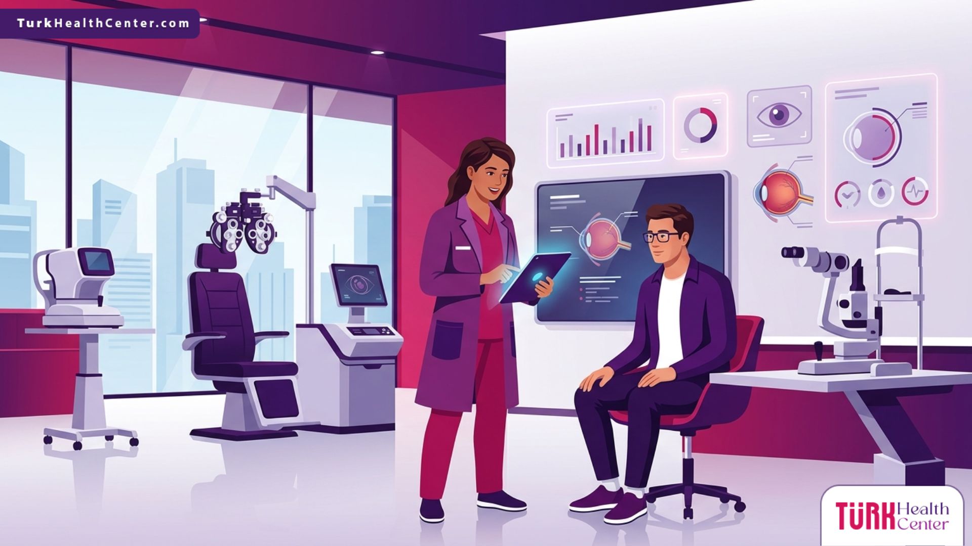 رسم توضيحي متقدم لطبيب يشرح خدمات عيادة عيون تفتح الآن في تركيا للمريض في بيئة طبية فاخرة 