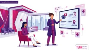 رسم توضيحي حديث يظهر طبيب يشرح الإجراءات العاجلة للمريض في أفضل عيادة عيون طوارئ في تركيا 