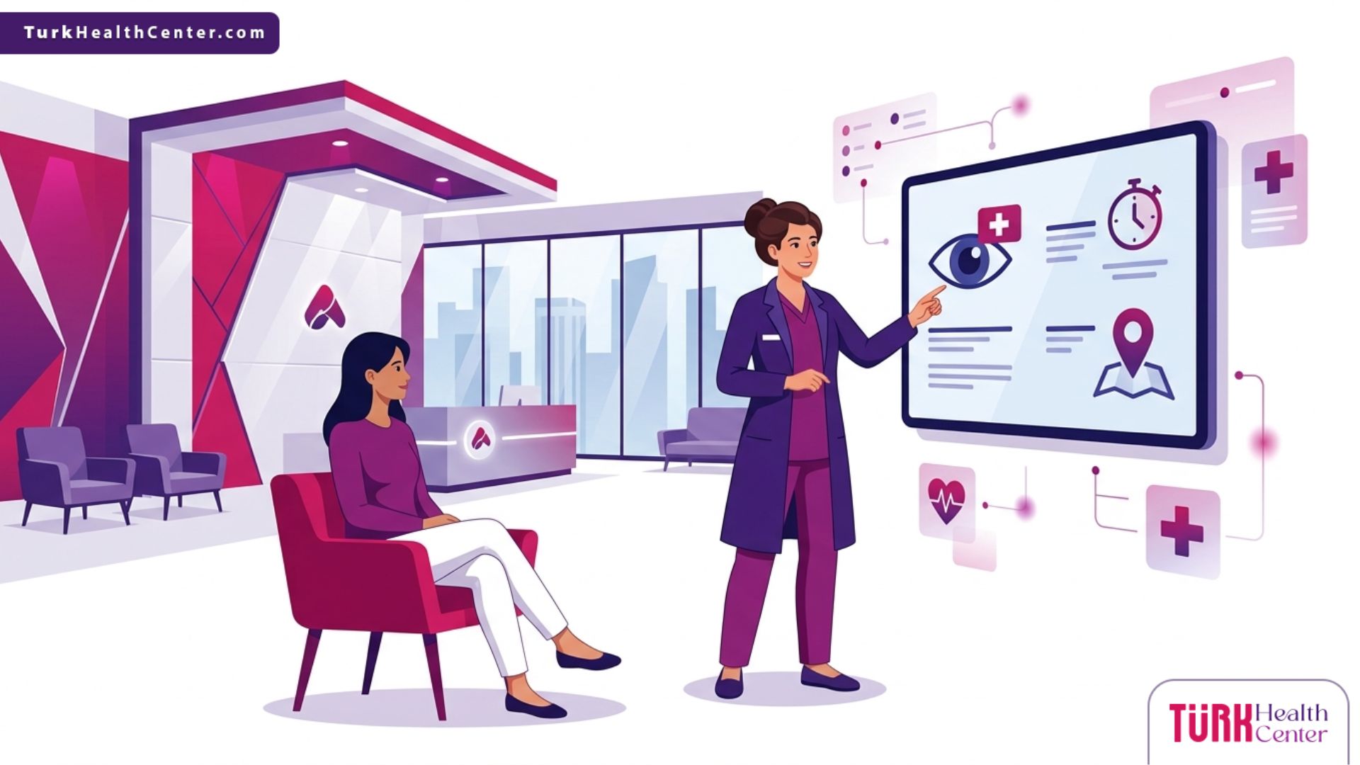 رسم توضيحي حديث يظهر طبيب يشرح الإجراءات العاجلة للمريض في أفضل عيادة عيون طوارئ في تركيا 