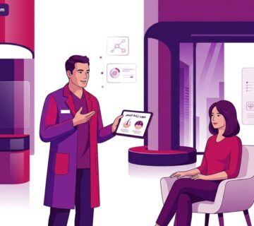 رسم توضيحي متجهي فاخر لطبيب يشرح للمريض كيفية تفادي عيوب زراعة الشعر في عيادة طبية حديثة 