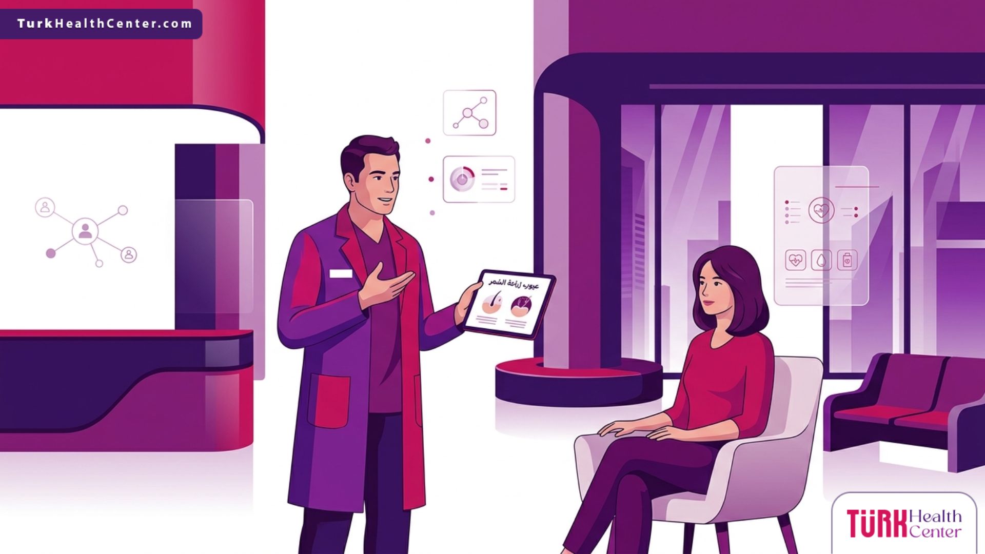 رسم توضيحي متجهي فاخر لطبيب يشرح للمريض كيفية تفادي عيوب زراعة الشعر في عيادة طبية حديثة 