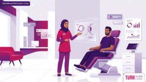 رسم توضيحي لعيادة طبية حديثة يشرح فيها طبيب عيون تفاصيل فحص القرنية المخروطية في تركيا للمريض 