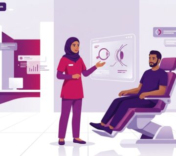 رسم توضيحي لعيادة طبية حديثة يشرح فيها طبيب عيون تفاصيل فحص القرنية المخروطية في تركيا للمريض 