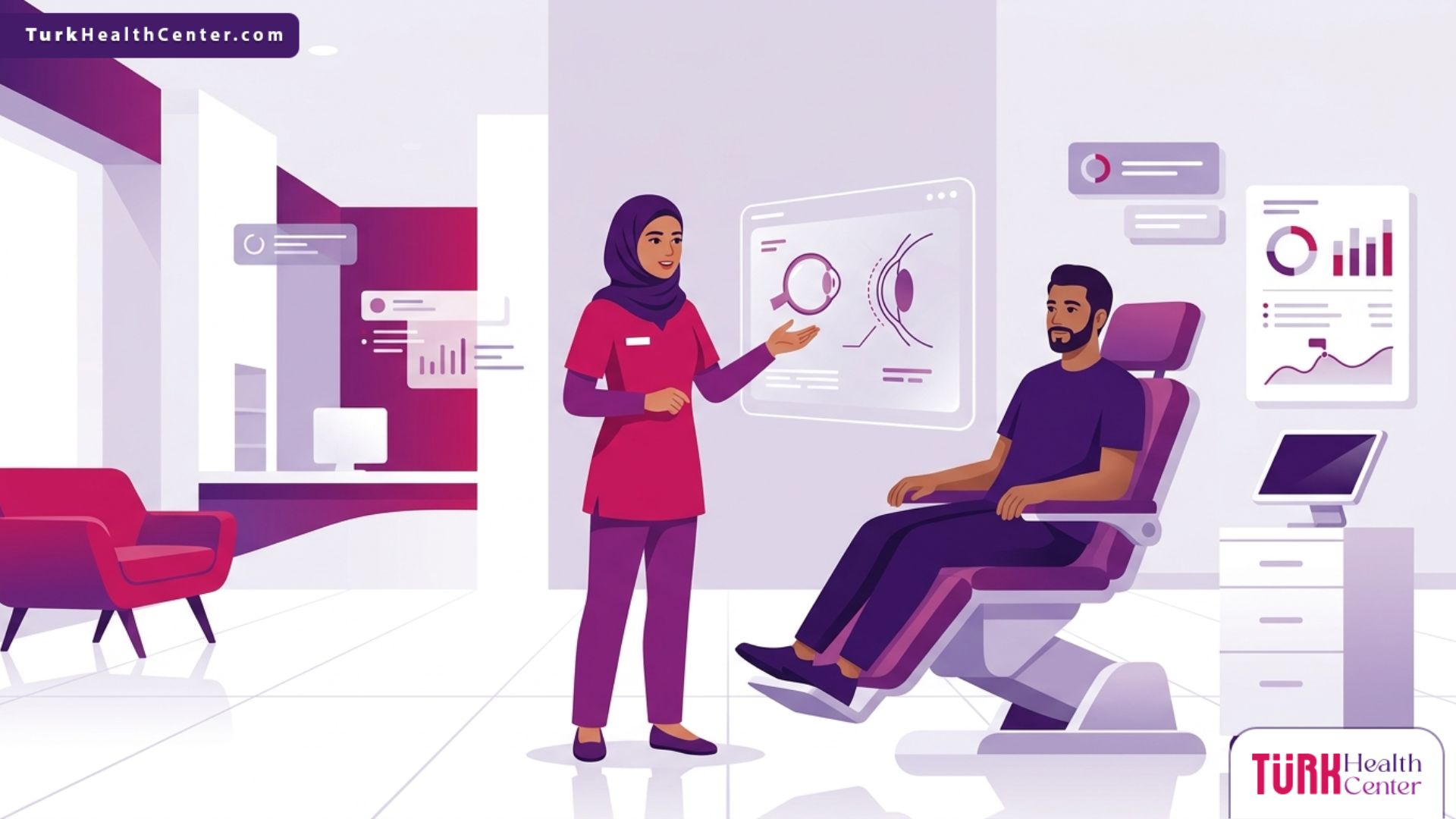 رسم توضيحي لعيادة طبية حديثة يشرح فيها طبيب عيون تفاصيل فحص القرنية المخروطية في تركيا للمريض 