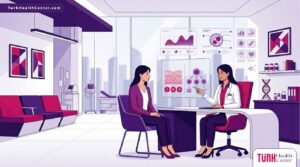 رسم توضيحي لطبيب يشرح الفرق بين البيركوتان والخلايا الجذعية للمريض في عيادة حديثة 