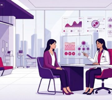 رسم توضيحي لطبيب يشرح الفرق بين البيركوتان والخلايا الجذعية للمريض في عيادة حديثة 