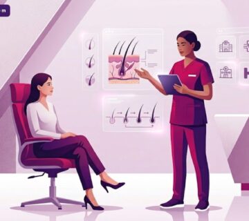 رسم توضيحي يوضح فرق بين مستشفى زراعة شعر ومركز وعيادة من خلال مشهد طبي راقٍ يجمع بين الطبيب والمريض 