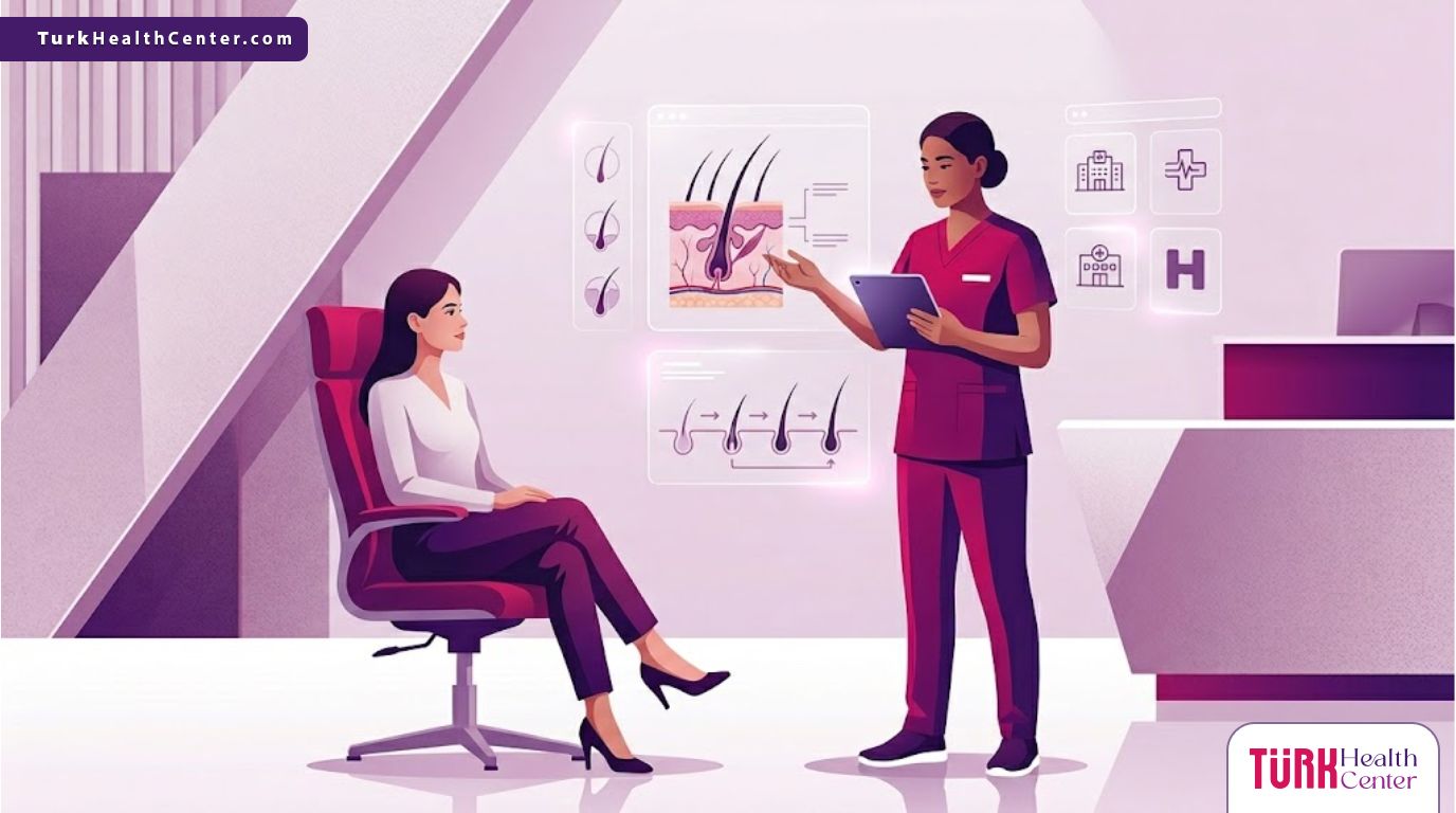 رسم توضيحي يوضح فرق بين مستشفى زراعة شعر ومركز وعيادة من خلال مشهد طبي راقٍ يجمع بين الطبيب والمريض 