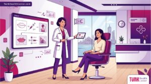 رسم توضيحي عصري لعيادة تجميل متخصصة في إجراء فيلر الشفايف في تركيا مع طبيب يشرح الخطوات 