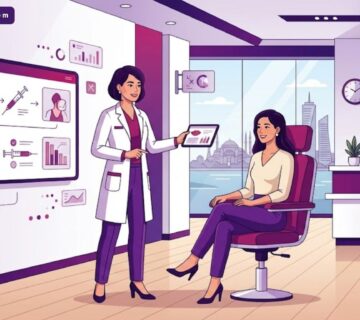 رسم توضيحي عصري لعيادة تجميل متخصصة في إجراء فيلر الشفايف في تركيا مع طبيب يشرح الخطوات 