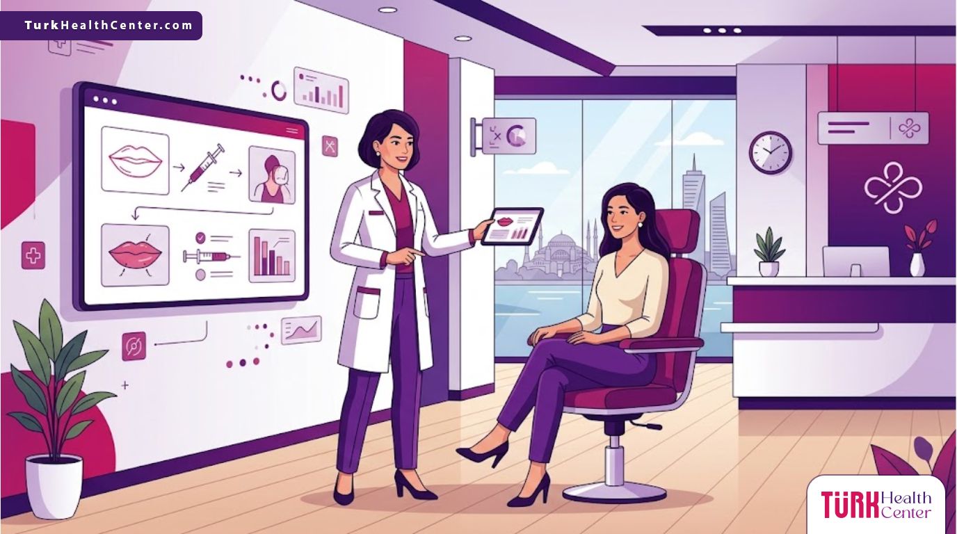 رسم توضيحي عصري لعيادة تجميل متخصصة في إجراء فيلر الشفايف في تركيا مع طبيب يشرح الخطوات 