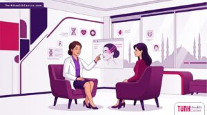 رسوم توضيحية مسطحة (Vector) لطبيب يشرح آلية حقن فيلر الصدغين في تركيا لمريض داخل عيادة فاخرة بألوان البنفسجي والمجنتيا 