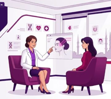 رسوم توضيحية مسطحة (Vector) لطبيب يشرح آلية حقن فيلر الصدغين في تركيا لمريض داخل عيادة فاخرة بألوان البنفسجي والمجنتيا 