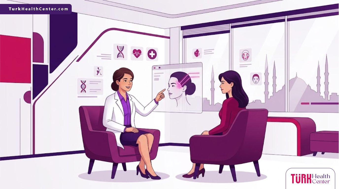 رسوم توضيحية مسطحة (Vector) لطبيب يشرح آلية حقن فيلر الصدغين في تركيا لمريض داخل عيادة فاخرة بألوان البنفسجي والمجنتيا 