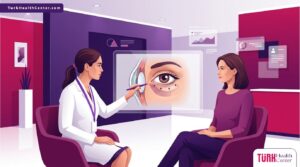 رسم توضيحي يظهر طبيب يشرح تقنية فيلر العيون الغائرة في تركيا داخل عيادة فاخرة بأسلوب عصري 