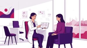 رسم توضيحي يظهر طبيب يشرح إجراء فيلر الهالات السوداء في تركيا داخل عيادة عصرية فاخرة 