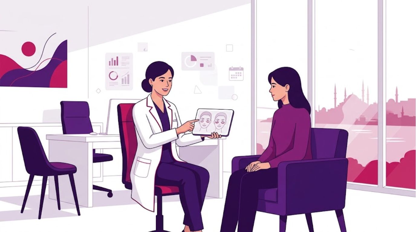 رسم توضيحي يظهر طبيب يشرح إجراء فيلر الهالات السوداء في تركيا داخل عيادة عصرية فاخرة 