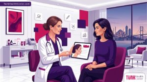 رسم توضيحي عصري يظهر طبيب يشرح عملية فيلر الوجه في تركيا لمريضة داخل عيادة فاخرة بألوان البنفسجي والمجنتيا 