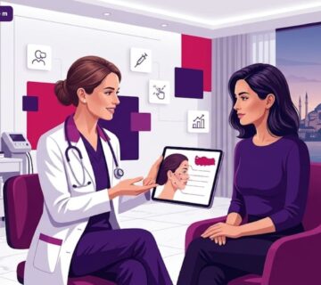 رسم توضيحي عصري يظهر طبيب يشرح عملية فيلر الوجه في تركيا لمريضة داخل عيادة فاخرة بألوان البنفسجي والمجنتيا 
