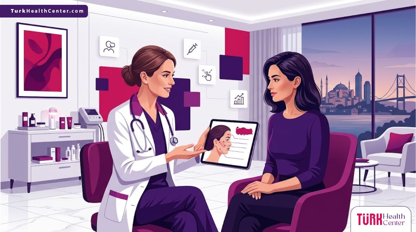 رسم توضيحي عصري يظهر طبيب يشرح عملية فيلر الوجه في تركيا لمريضة داخل عيادة فاخرة بألوان البنفسجي والمجنتيا 