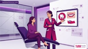 رسم توضيحي فني يظهر طبيباً يشرح إجراءات فينير الأسنان في تركيا لمريض في عيادة فاخرة 