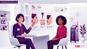 رسم توضيحي يظهر استشارة طبية حول ليزر إيروليز لحب الشباب في تركيا في عيادة تجميل حديثة 