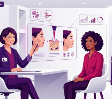 رسم توضيحي يظهر استشارة طبية حول ليزر إيروليز لحب الشباب في تركيا في عيادة تجميل حديثة 