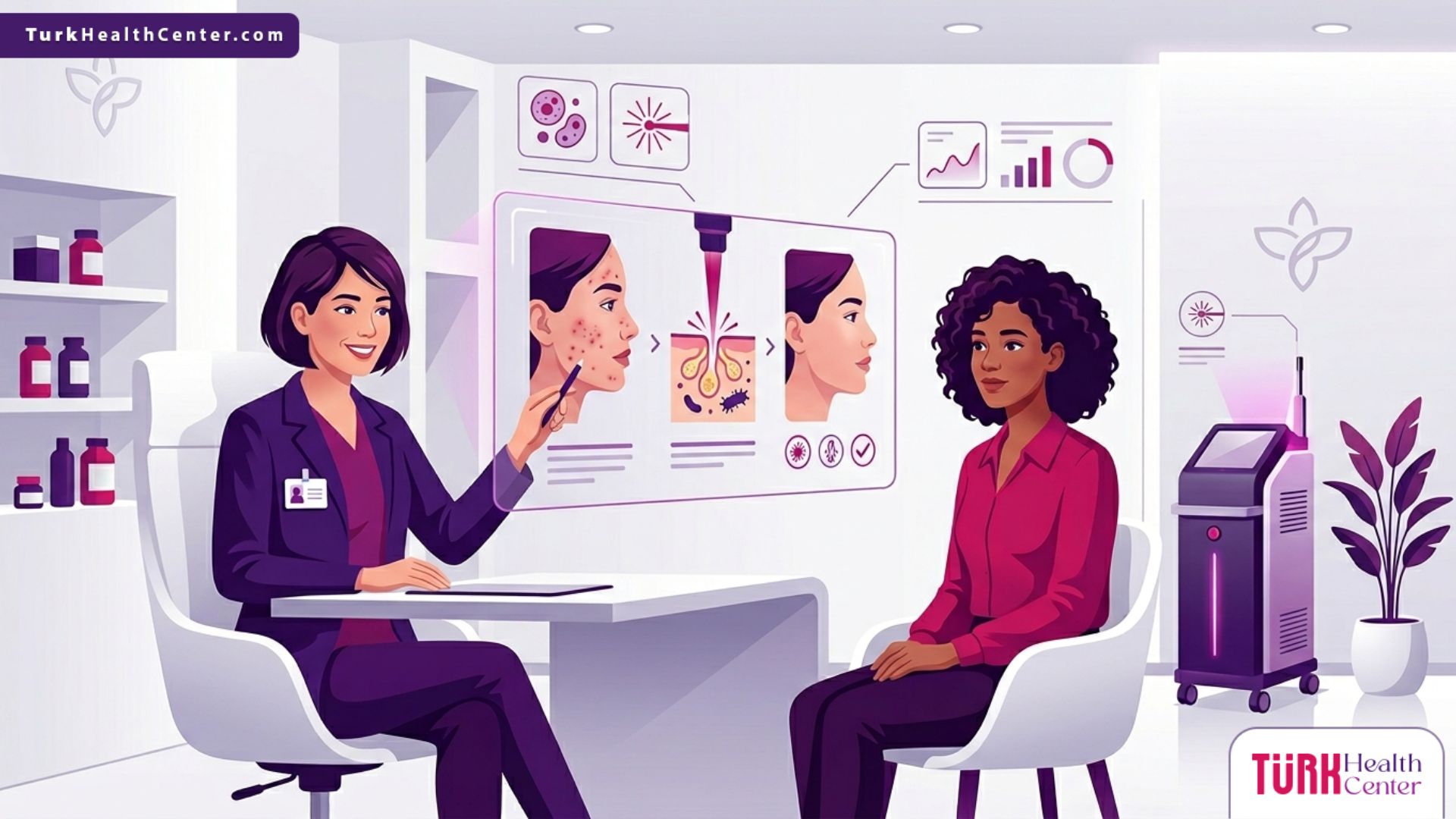 رسم توضيحي يظهر استشارة طبية حول ليزر إيروليز لحب الشباب في تركيا في عيادة تجميل حديثة 