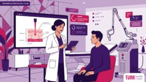 رسم توضيحي لعيادة طبية فاخرة يوضح استشارة طبية حول إجراءات ليزر الإيربيوم ياج في تركيا بألوان متناسقة 