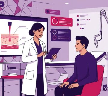 رسم توضيحي لعيادة طبية فاخرة يوضح استشارة طبية حول إجراءات ليزر الإيربيوم ياج في تركيا بألوان متناسقة 