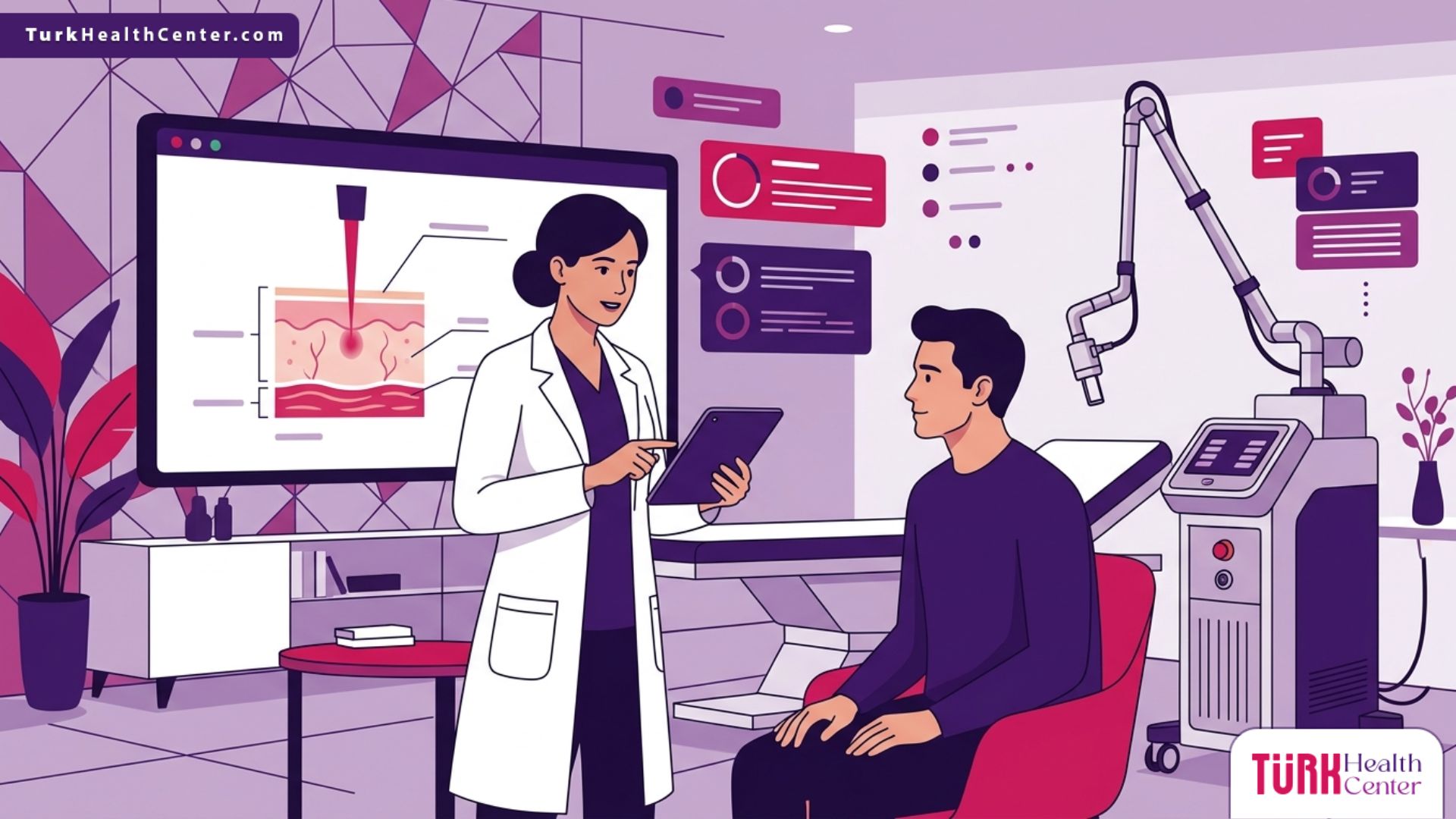 رسم توضيحي لعيادة طبية فاخرة يوضح استشارة طبية حول إجراءات ليزر الإيربيوم ياج في تركيا بألوان متناسقة 