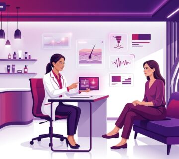 رسم توضيحي متجهي لطبيب يشرح فوائد وإجراءات ليزر البيكو شور في تركيا لمريض داخل عيادة تجميل حديثة وفاخرة 