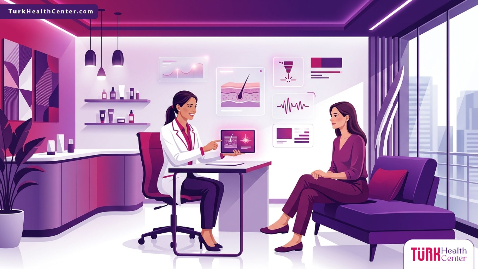 رسم توضيحي متجهي لطبيب يشرح فوائد وإجراءات ليزر البيكو شور في تركيا لمريض داخل عيادة تجميل حديثة وفاخرة 