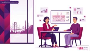 رسم توضيحي عصري لطبيب يشرح فوائد وإجراءات ليزر الجينيسيس في تركيا داخل عيادة تجميل فاخرة 