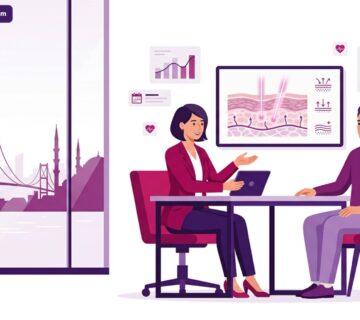 رسم توضيحي عصري لطبيب يشرح فوائد وإجراءات ليزر الجينيسيس في تركيا داخل عيادة تجميل فاخرة 