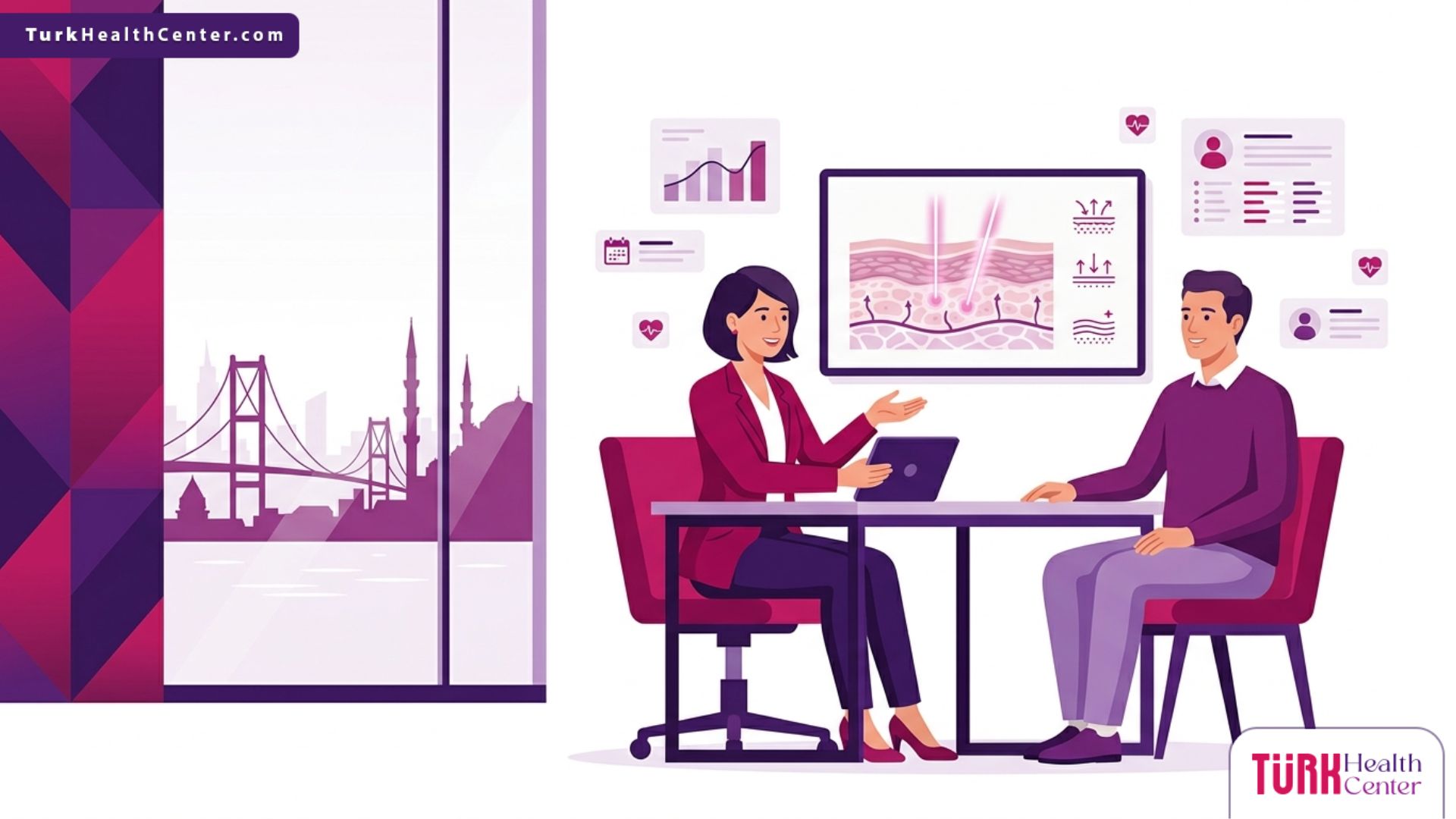 رسم توضيحي عصري لطبيب يشرح فوائد وإجراءات ليزر الجينيسيس في تركيا داخل عيادة تجميل فاخرة 