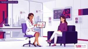 رسم توضيحي فني يظهر طبيباً يشرح تفاصيل ليزر الفراكشنال في تركيا لمريض داخل عيادة تجميل حديثة ومجهزة 