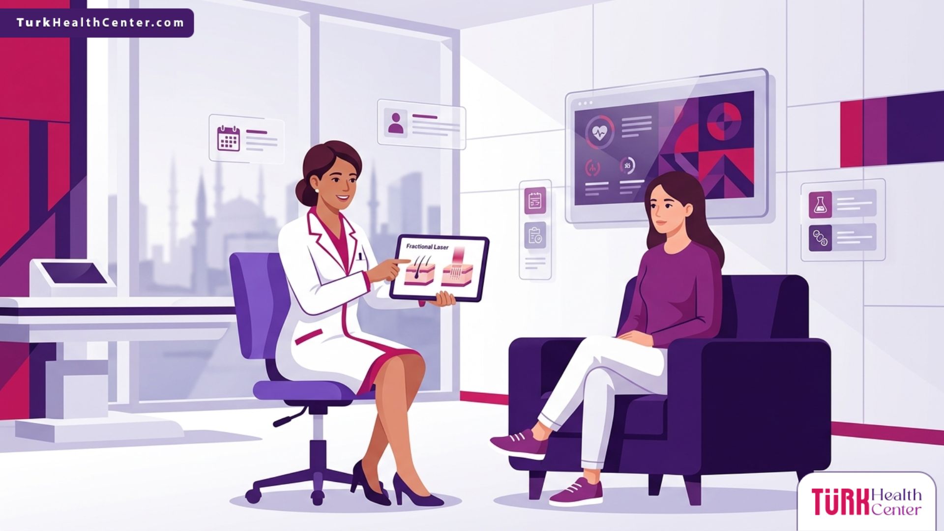 رسم توضيحي فني يظهر طبيباً يشرح تفاصيل ليزر الفراكشنال في تركيا لمريض داخل عيادة تجميل حديثة ومجهزة 