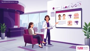 رسم توضيحي عصري لعيادة طبية فاخرة يظهر طبيباً يشرح تفاصيل جلسات ليزر بيكو واي للتصبغات في تركيا لمريض يشعر بالراحة 