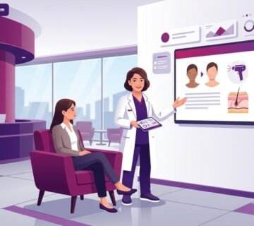 رسم توضيحي عصري لعيادة طبية فاخرة يظهر طبيباً يشرح تفاصيل جلسات ليزر بيكو واي للتصبغات في تركيا لمريض يشعر بالراحة 