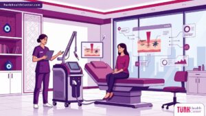 رسم توضيحي يظهر طبيباً يشرح تفاصيل جلسة ليزر كيو سويتش في تركيا لمريض داخل عيادة طبية فاخرة 