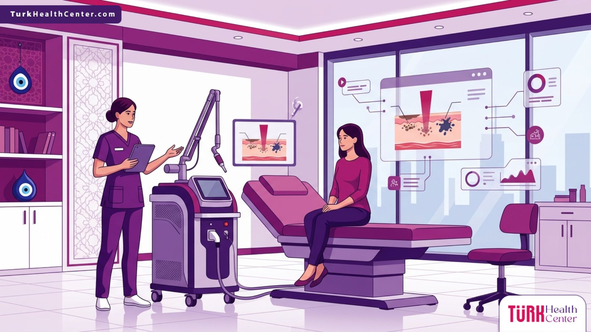 رسم توضيحي يظهر طبيباً يشرح تفاصيل جلسة ليزر كيو سويتش في تركيا لمريض داخل عيادة طبية فاخرة 